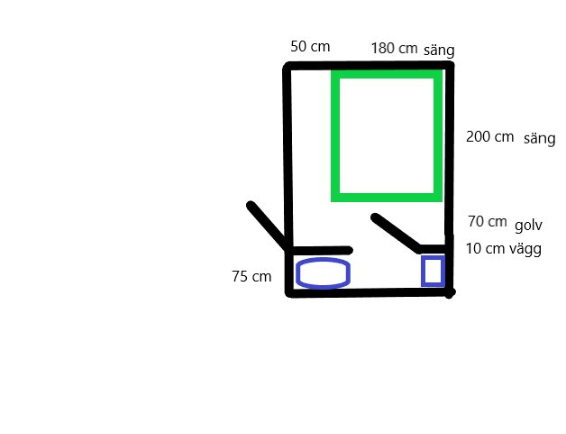 Ritning över rum med dubbelsäng 180x200 cm, toalett, dusch och handfat, mätt till 8 kvm med specifika avstånd; förslag på kompakt badrumsdesign.