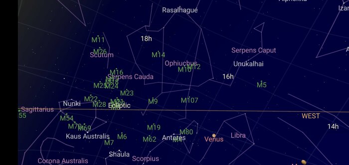 Stjärnkarta från Google Sky Map visar Ophiuchus, Scorpius, stjärnor och Messier-objekt som M16 och M107, samt Venus i närheten.