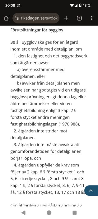 Skärmdump av webbplatsen riksdagen.se som visar text från 30 § om förutsättningar för bygglov enligt detaljplan i plan- och bygglagen.