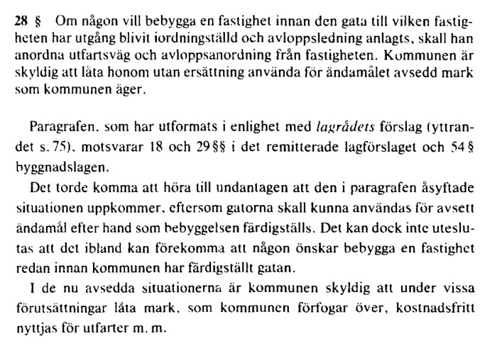 Bild av en propositionstext som diskuterar skyldigheter för kommunen att tillåta användning av mark för utfart, enligt ÄPBL §28, med koppling till byggnadslagen.