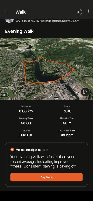 Karta över kvällspromenad i Borlänge. Sträcka: 6,08 km, tid: 53:38 min, steg: 7016, höjd: 56 m, kalorier: 382, puls: 99 bpm. Förbättrad träning.