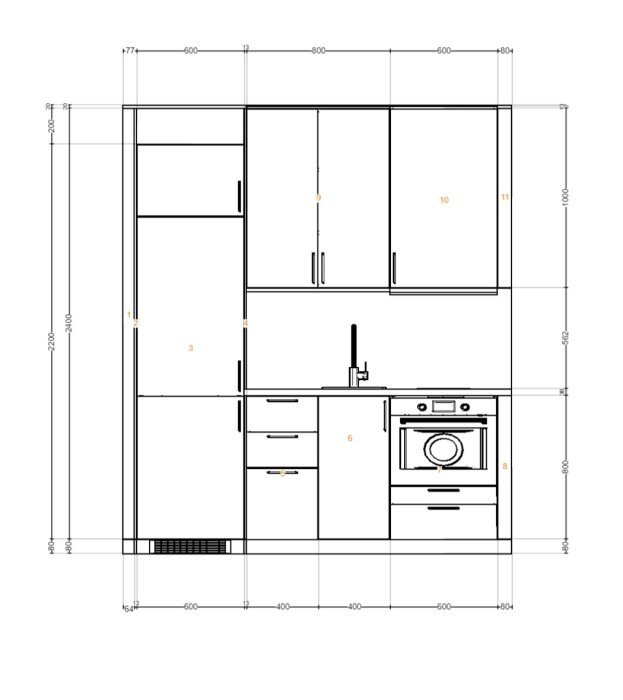 Ritning av ett litet kök, IKEA metod havstorp sand, med mått för skåp, vask och ugn; planering av kakelsättning över diskbänken.