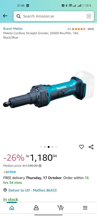 Makita DGD800Z rakslip, sladdlös, svart/blå, 26000 varv/min, 18V, på Amazon med 26 % rabatt.