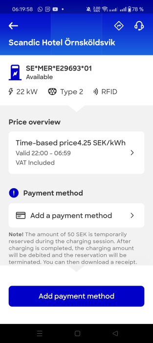 Skärmbild av app som visar laddstation vid Scandic Hotel Örnsköldsvik med 22 kW, Typ 2, tidbaserat pris 4,25 SEK/kWh kl 22:00-06:59.