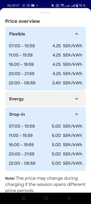 Översikt över elpris för laddning med olika taxa: Flexibel 4.25 SEK/kWh och Drop-in 5.00 SEK/kWh mellan olika tidsintervall.