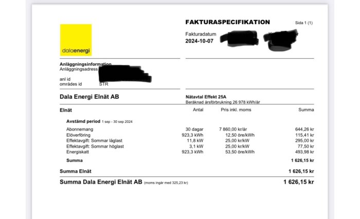 Faktura från Dala Energi för elnät med specifikation av abonnemang, elöverföring, effektavgifter och energiskatt för september 2024.