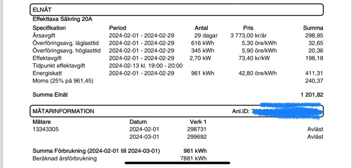 Elräkning för februari 2024 med specifikationer för år, överföringsavgift, effekttaxa, energiskatt och moms. Total kostnad 1201,82 kr.