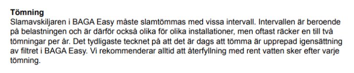 Textinstruktioner för tömning av slamavskiljare BAGA Easy.