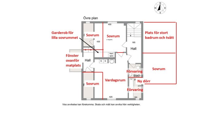 Planritning av ett utbyggt hus från 20-talet med märkta rum i rött, inklusive sovrum, vardagsrum, badrum och förråd, samt planerad fönsterplacering.