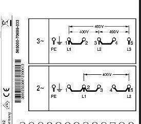 Anslutningsschema för Bosch 400V-enhet med kopplingsalternativ för 3-fas och 2-fas inkoppling, visar faser L1, L2, L3 och PE jordanslutning.