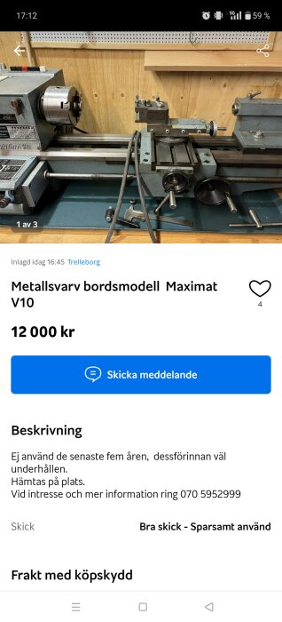 Bordsmodell av en Maximat V10 metallsvarv i en verkstadsmiljö, till salu för 12 000 kr i Trelleborg.