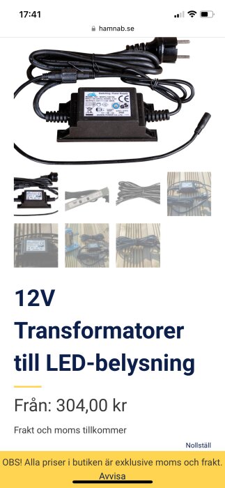 12V LED-transformator med elkablar och stickkontakt, visas med pris och annonseringstext från webbbutik.