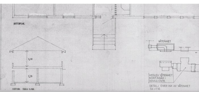 Arkitektritning med bottenplan och höjdsektion med detaljerad vy över våtenhet, inkluderar måttangivelser och installationsdetaljer. Skala 1:100 och 1:10.