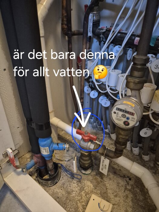 Avstängningsventil för vatten i kök, markerad med en pil, omgiven av vattenrör och mätare i en trång utrymme.