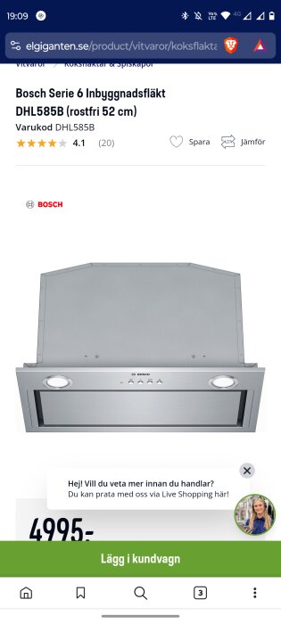 Produktbild av Bosch Serie 6 inbyggnadsfläkt DHL585B, rostfri 52 cm, med LED-lampor och kontroller synliga, konceptlänk Elgiganten.