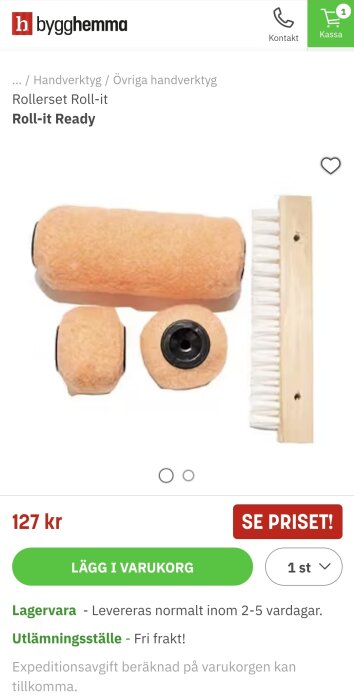 Rollerset Roll-it med tre olika rollers och en borste, som används för att måla och underhålla fasader, listade för priset 127 kr hos Bygghemma.