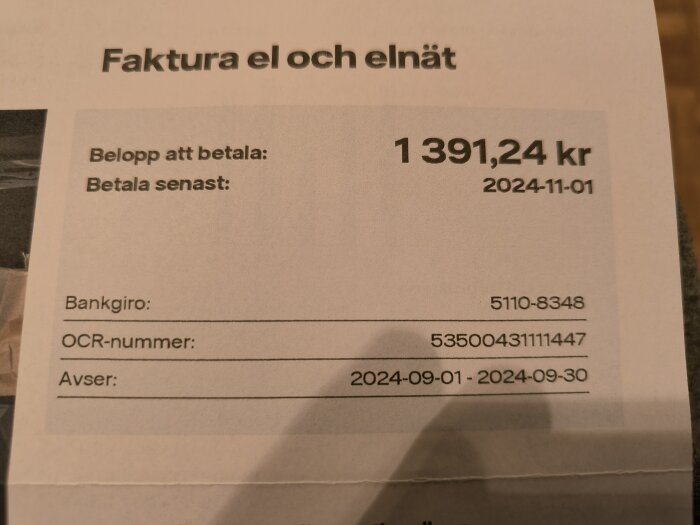 El- och elnätsfaktura för september 2024 med beloppet 1 391,24 kr och förfallodatum 2024-11-01, innehåller bankgiro och OCR-nummer.