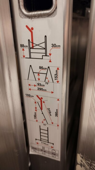 Illustration av dimensioner och höjder för en stege. Anger storlekar såsom 86 cm, 153 cm och 380 cm. Figuren visar max höjd och vinkelinstruktioner.