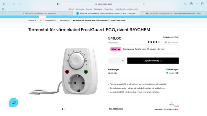 Termostat för värmekabel, FrostGuard-ECO från nVent RAYCHEM, visas på Clas Ohlsons webbplats med pris och recensioner.