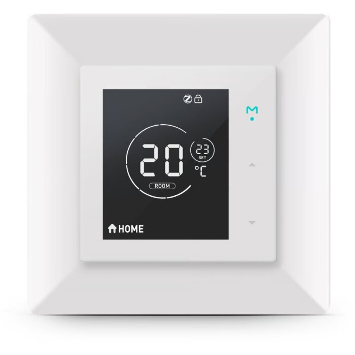 Digital termostat för golvvärme, visar aktuell rumstemperatur på 20 grader Celsius. Zigbee-kompatibel enhet med elegant vit design.