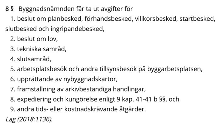 Lista över byggnadsnämndens avgifter enligt lag 2018:1136, inkluderar beslut om planer, lov och samråd, samt andra administrativa åtgärder.