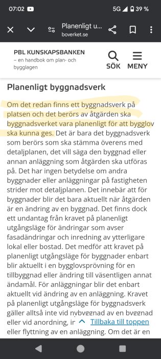 Skärmdump av Boverkets hemsida som diskuterar regler för planmässigt byggnadsverk och bygglov.