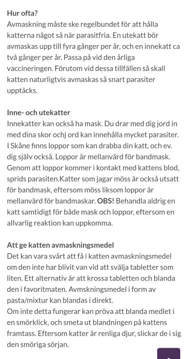 Text om katters behov av avmaskning, beskriver hur ofta man bör ge avmaskningsmedel beroende på om katten är innekatt eller utekatt.