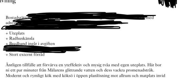 Objektsbeskrivning av bostadsrätt med punkter om uteplats, radhuskänsla, bredband och externt förråd, samt en introduktionstext.