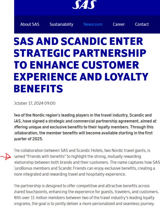 Artikel med rubriken "SAS and Scandic enter strategic partnership" från SAS webbplats, med information om fördelar för lojalitetsmedlemmar.