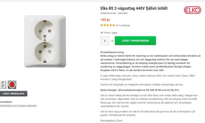 Elko RS 2-vägsuttag 440V fjällvit infällt; vägguttag med två uttag och jordanslutning, godkänt för 440V.