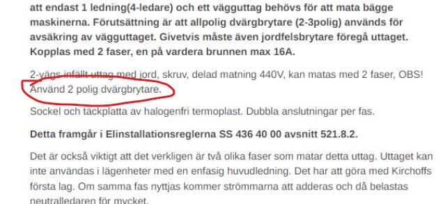 Text som varnar för att använda 2-polig dvärgbrytare, markerad med röd cirkel i installationsmanual.