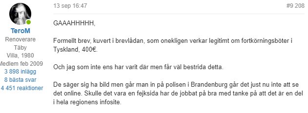 En forumdiskussion om ett formellt brev gällande fortkörningsböter från Brandenburg, 400€, som användaren ifrågasätter.