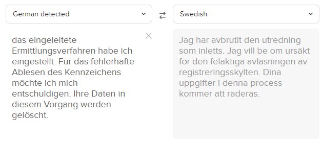 Översättningsprogram: Tysk text om avbruten utredning, ursäkt för felaktig registreringsskylt, svenska översättningen visar liknande budskap.