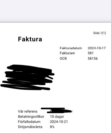 Faktura med fakturadatum 2024-10-17, 10 dagars betalningsvillkor och förfallodatum 2024-10-21.