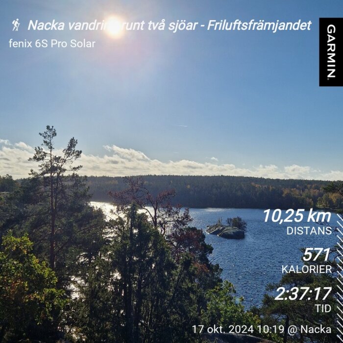 Solig skogspromenad i Nacka med sjöutsikt, sparad data visar distans 10,25 km, 571 kalorier brända, tiden 2:37:17.