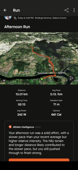 Karta över löprunda i Borlänge, 10 km lång, med statistik: 52 min, 71 m stigning, 5:13/km tempo, 661 kalorier. Text om löpprestation.