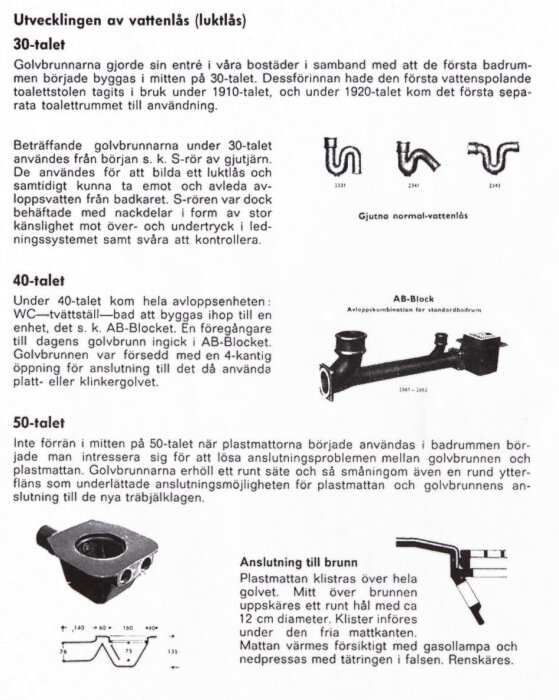 Historisk översikt av vattenlås i bostäder, visar olika typer från 30-talet till 50-talet, inklusive gjutna normal-vattenlås och AB-Block.