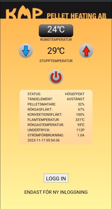 Skärmbild av pelletsvärmesystemets kontrollpanel med temperaturer och status; rumstemperatur 24°C, stopptemperatur 29°C, flamtemperatur 331°C.