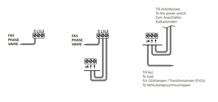 Kopplingsschema för att byta lampknapp till dimmer med tre fasanslutningar och instruktioner för strömbrytare och last. Texter på flera språk.