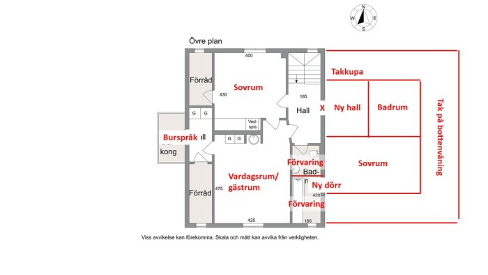 Planlösning för övre plan med sovrum, vardagsrum/gästrum, badrum, hall, förvaring, takkupa, burspråk, och ny dörr. Markerade ytor för utbyggnad.