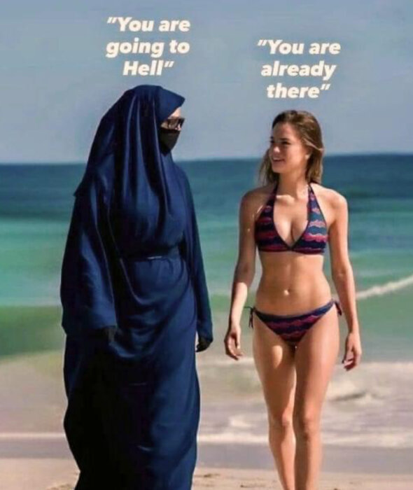 Två personer går på en strand, en i traditionell klädsel och en i bikini, med textcitat ovanför.