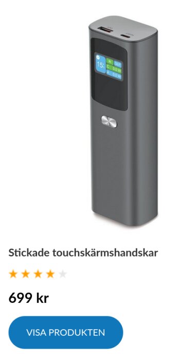 Svart laddningsstation med skärm och port för USB- och USB-C-anslutning.