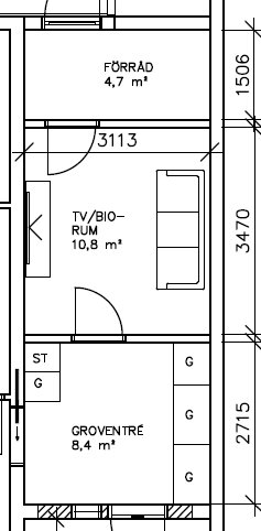 Planritning av garage med förråd, TV/biorum och groventré. Angivna mått, specifikationer av rum och placering av dörrar och väggar tydligt markerade.