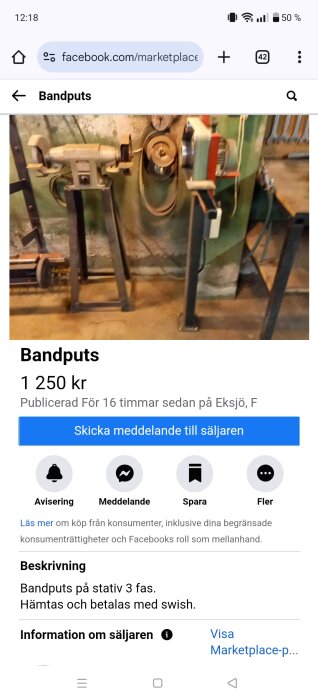 Bandputsmaskin monterad på stativ i ett verkstadsutrymme, annons på Facebook Marketplace för försäljning i Eksjö.