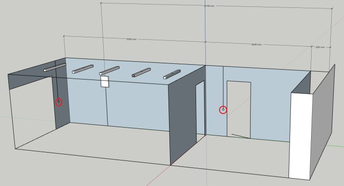 3D-modell av två angränsande rum med markerade lampor och utanpåliggande kablar, planering för belysningstyrning från hobbyrum och garage.