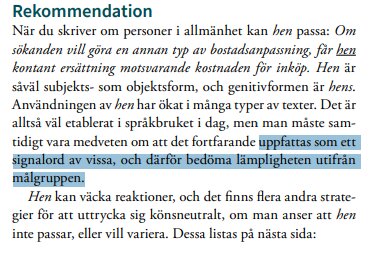 Text om rekommendationer för användning av "hen" och dess signalvärde, med markeringar om ordets uppfattning som signalord.