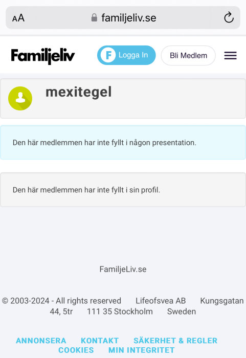 Användarprofil på Familjeliv.se för medlem "mexitegel" utan presentation eller profilinformation.