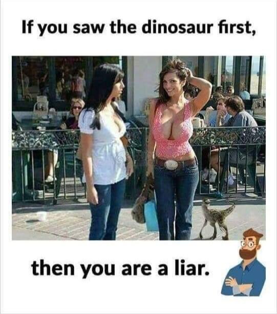 Två kvinnor pratar på en gata; det finns en liten dinosaurie vid sidan. Text på bilden säger "If you saw the dinosaur first, then you are a liar.