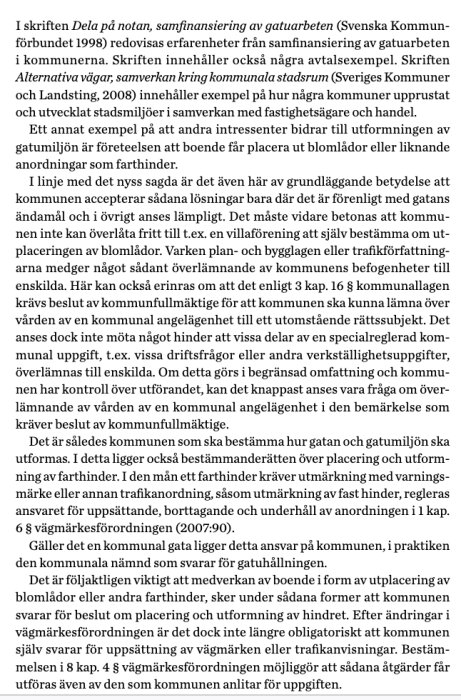 Sida ur en juridisk skrift om kommunala gatubestyr, med text om samfinansiering och ansvar i gatufrågor.