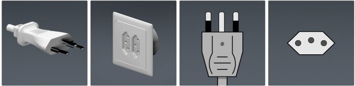 Bild som visar olika typer av eluttag och stickproppar: typ N, typ J och typ C. Typ N uttag och kontakt används i Sydafrika, typ J i Schweiz.